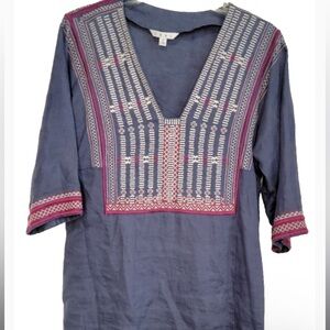 Cabi Tunic, Blue 100% Linen w/ Berry & Cream Embroidery, Back Sinch Tie, Small